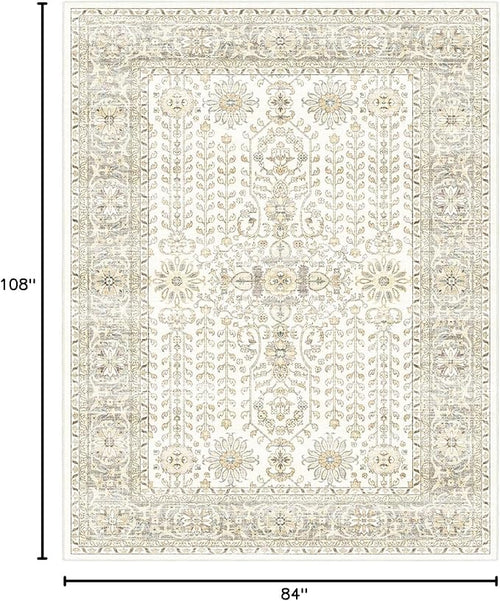 7x9 Area Rugs for Living Room,Thin Washable Rug, Non-Slip Foldable Area Rug for Bedroom, Dining Room, Home Office, Cream