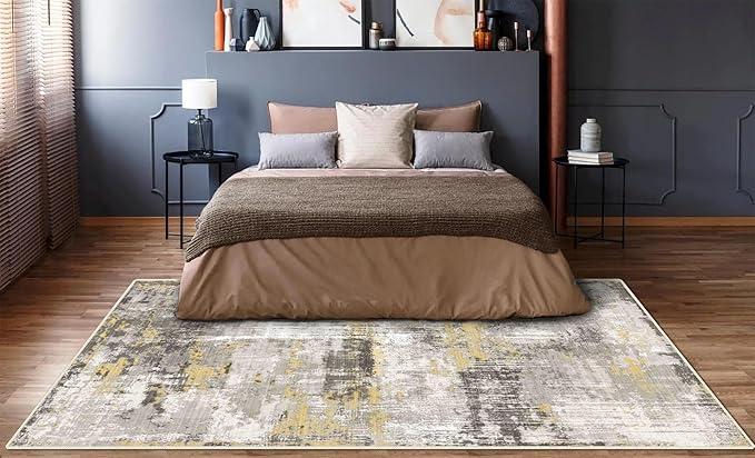 vivorug 9x12 Area Rugs for Living Room, Non Slip Machine Washable Modern Abstract Rug, Ultra-Thin Lightweight Large Area Rug for Bedroom, Dining Room, Low Pile Yellow