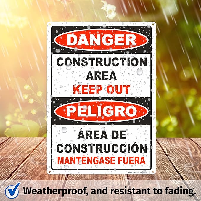 Brimar - 10" x 14" - Bilingual Danger Construction Area Keep Out Sign - .055″ Polyethylene Plastic - Bold Text And Symbol - Easy Installation