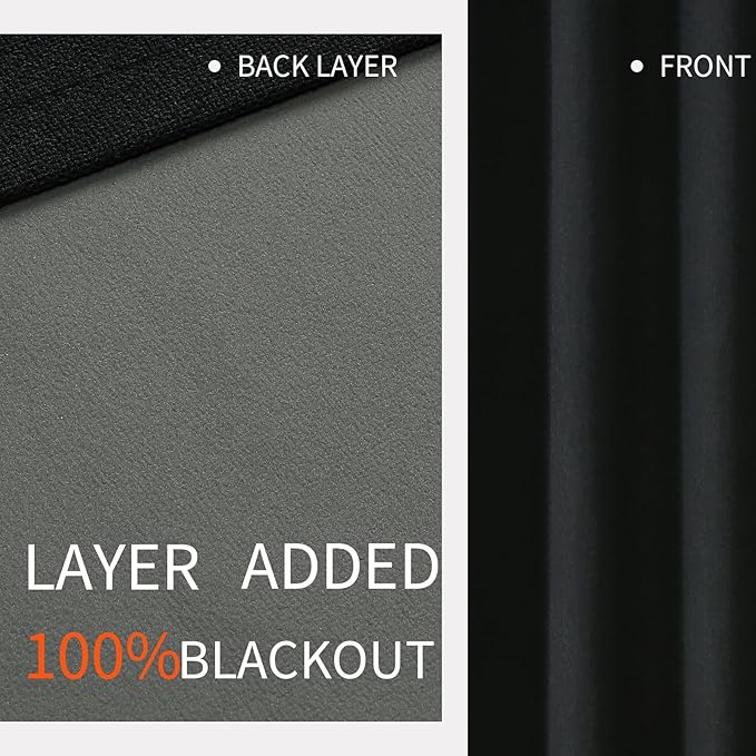 Joydeco Blackout Curtains 90 Inches Long 2 Panels Burg, Room Darkening Curtains for Bedroom, 100% Black Out Textured Thermal Drapes Privacy Protection 2 Panels Set(W52 x L90 Inch, Black)