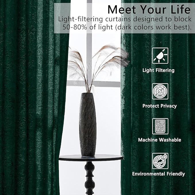 SMILETIME Forest Green Crushed Velvet Curtains 52x90 inch Luxurious Thermal Insulated Soundproof Drapes for Living Room Bedroom Office Soft and Durable Light-Filtering Window Treatments, 2 Panels