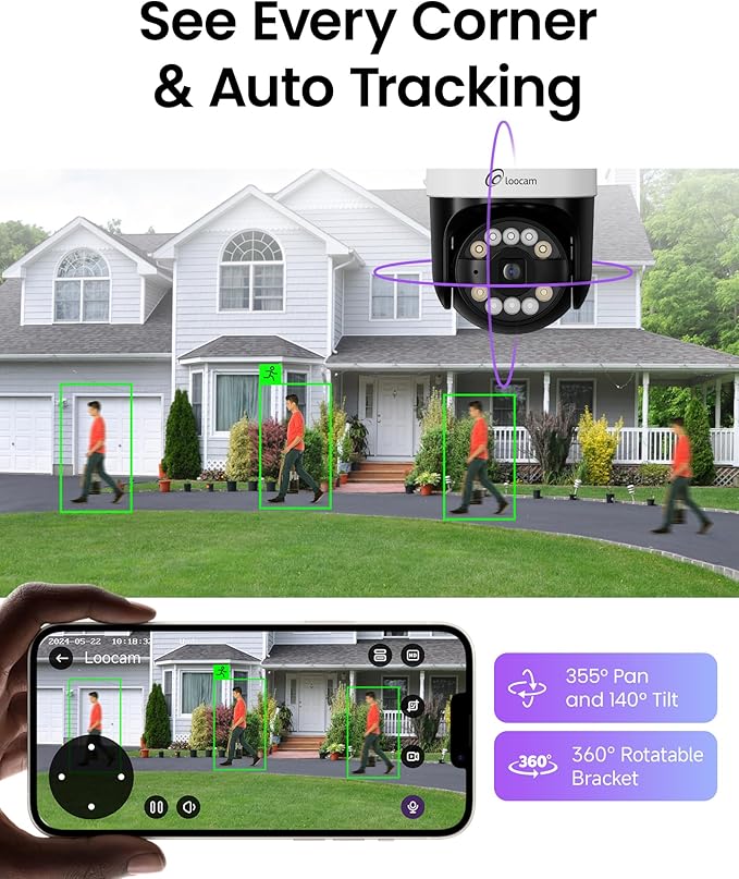 Loocam Camera for Home Security, POE Security Camera System with 4pcs Pan & Tilt Camera for Indoor Outdoor, Person/Vehicle Detection, Color Night Vision, 4K 8CH NVR 2TB HDD Included, Plug & Play