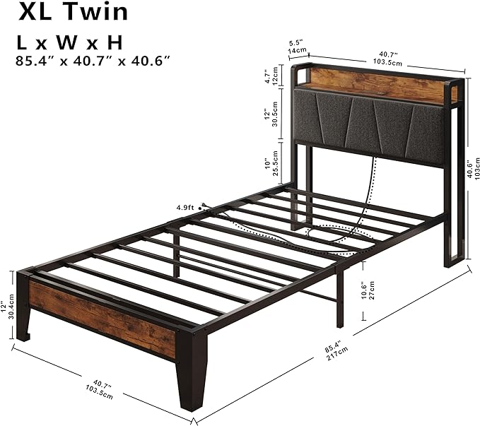 LIKIMIO Twin XL Bed Frames, Storage Headboard with Charging Station, Solid and Stable, Noise Free, No Box Spring Needed, Easy Assembly