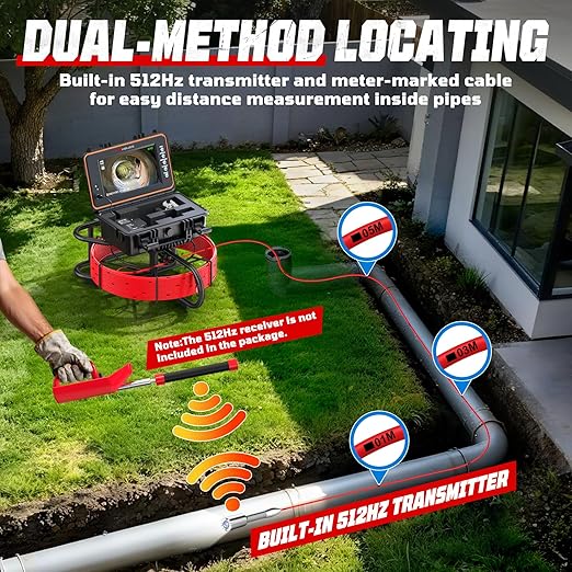 HBUDS Sewer Camera with 512Hz Sonde, Self Leveling 200ft Drain Camera with Meter Counter, 7mm Cable, 9" HD Screen 1080P Plumbing Cameras Snake with Light, 5100mAh Battery Pipe Inspection DVR 32GB