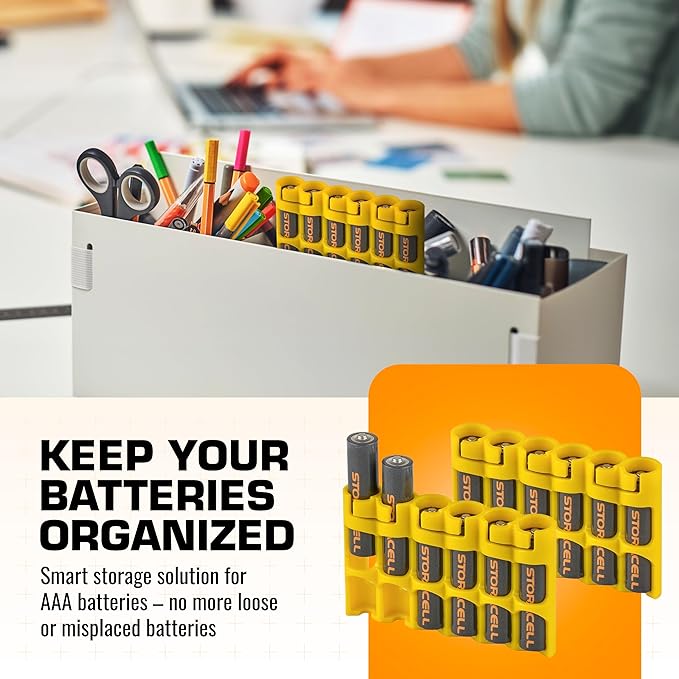 Storacell Slimline AAA-6 Battery Storage Caddy and Dispenser (Pack of 2), Yellow, Holds 6 AAA Batteries, (Not Included), Durable & Compact Design, The Original Battery Caddy, Made in The USA