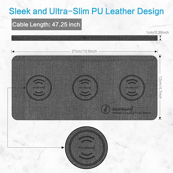 ZealSound Triple Wireless Charger,Charging Pad,Ultra Slim Fast 3x10W Charger Station for Multiple 3 Devices New Airpods Samsung Earbuds Mat Dock W/AC Adapter for All Wireless Charging Phones