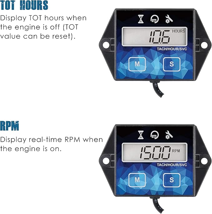 Runleader Small Engine Hour Meter, Digital Tachometer, Maintenance Reminder, Battery Replaceable, User Shutdown, Use for ZTR Lawn Mower Tractor Generator Marine Outboard ATV (HM011F)