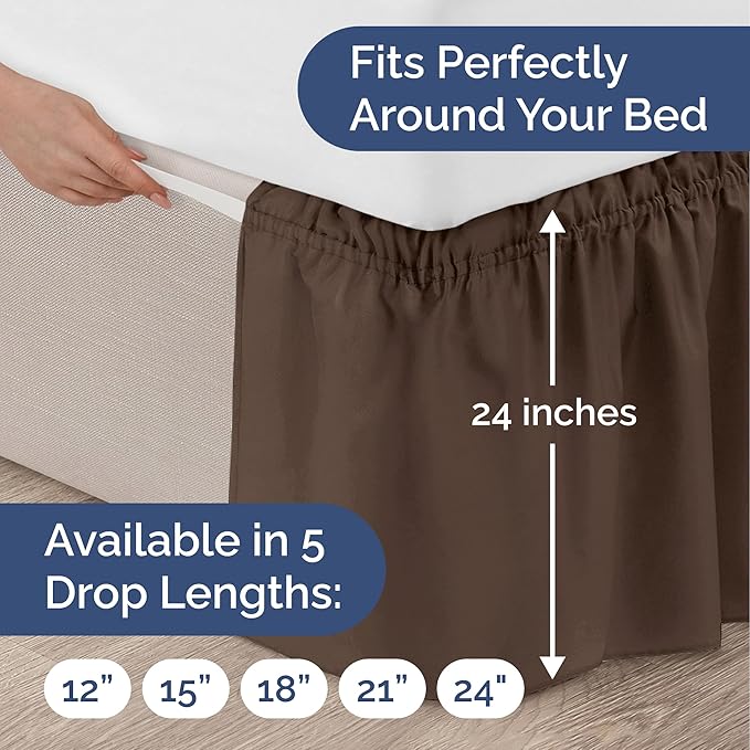 Wrap Around Dust Ruffle Bed Skirt - Brown - for Full Size Beds with 24 Inch Drop - Easy Fit Elastic Strap - Adjustable Pleated Bedskirt w/Brushed Fabric - Wrinkle Free - for Women, Men, Kids & Teens