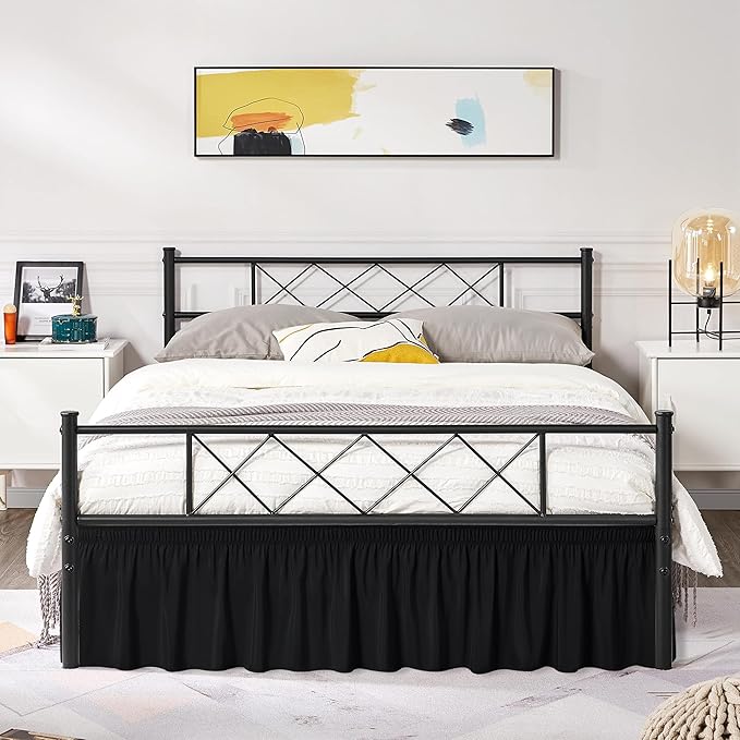 Biscaynebay Wrap Around Bed Skirts with Split Corners for Queen Beds 17" Drop, Black Elastic Dust Ruffles Adjustable Easy Fit Wrinkle & Fade Resistant Silky Luxurious Fabric Machine Washable