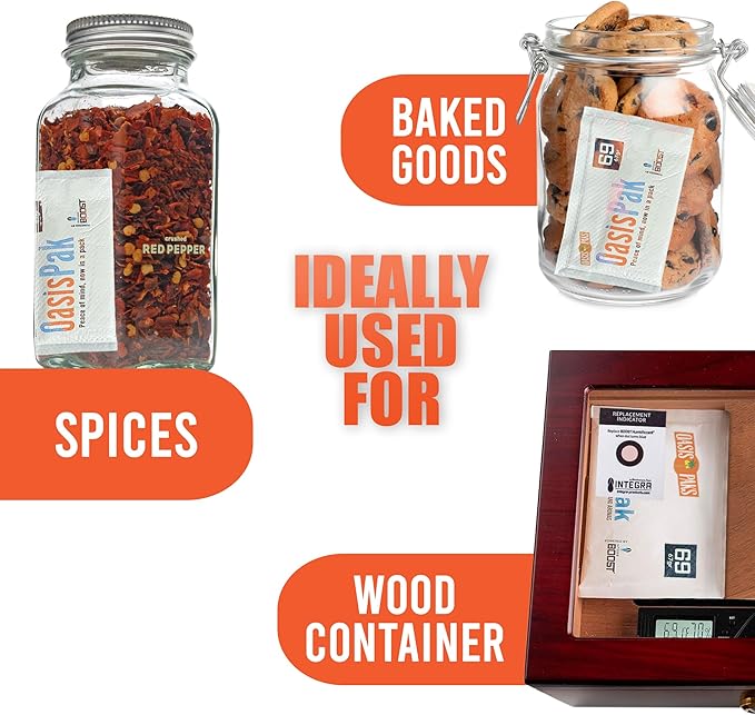 OasisPak 69% RH Two-Way Humidity Control Packs (4 Pack) - 67 Gram Packs | Maintain Humidty, Freshness, Flavors & Aromas | Salt-Free, Leak-Proof Moisture Absorbers for Storage Cases & Containers