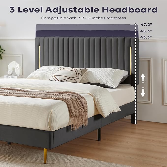 Full Platform Bed Frame, Velvet Upholstered Bedframe with Vertical Channel Adjustable Headboard, Golden Plating Trim, Mattress Foundation with Wooden Slats, No Box Spring Needed, Grey