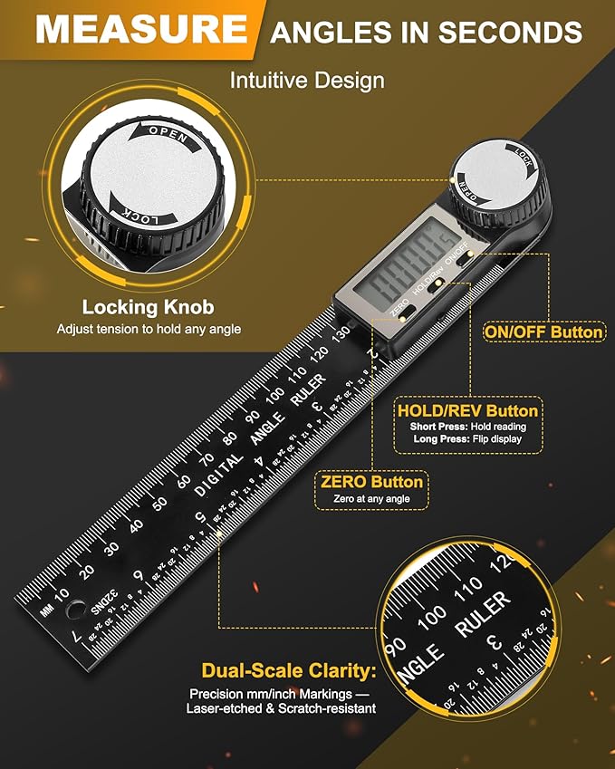 Protractor, Digital Angle Finder Protractor with LCD Display, 2-in-1 360° Angle Measuring Tool and Ruler, Precision Digital Protractor Ruler for Woodworking, Construction, Carpentry