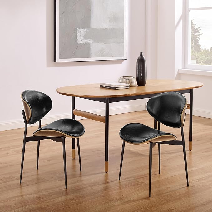 Art Leon Dining Chairs Set of 4, Walnut Bentwood, Mid Century Modern Chair, Black Faux Leather Kitchen Dining Room Chairs with Metal Legs, Accent Chairs for Bedroom
