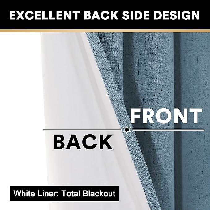 PrinceDeco Linen Blackout Curtains 108 Inches Long Energy-Efficient Temperature Regulators Curtains for Bedroom Extra Wide Thermal Room Divider Drapes for Bedroom,100 X 108 Curtains,Stone Blue