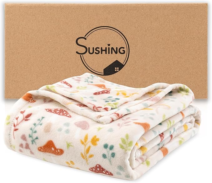 Luxury Printed Fleece Warm Blanket, Soft Lightweight Velvety Plush Throw for Couch and Bed, Cozy Comfy for All Seasons(Cream Various Mushrooms, 108×90 Inches)