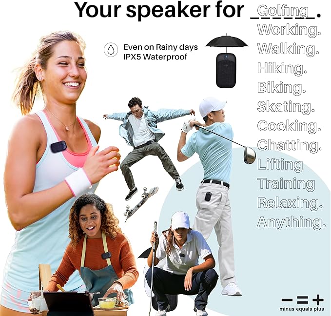 MINUS EQUALS PLUS - = + Golf Speaker/Wireless Wearable Bluetooth Speaker/Portable/Clip on/Up to 18hrs of Battery Life/Built-in Mic for Hands-Free Music and Calls/Water Resistant/Modern Design (Black)