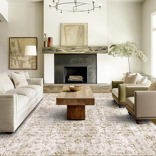 5x7 Area Rugs - Ultra-Thin Washable Rug with Non-Slip Backing, Ideal for Living Room, Bedroom, Dining Room Indoor - Vintage, Easy Clean, Durable, Low Pile Rug Olive
