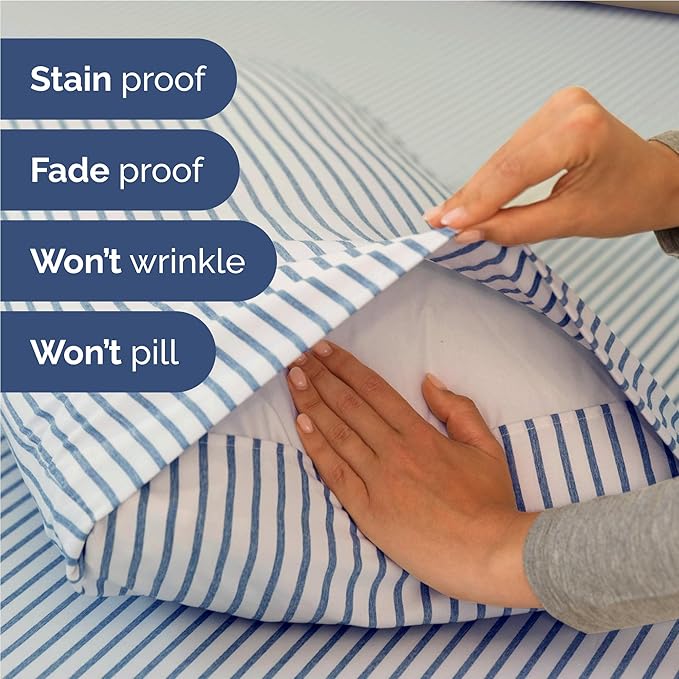 Twin XL 4 Piece Sheet Set - Cooling, Comfy & Breathable - Hotel Luxury Bedding Includes Fitted Sheet for Women, Men, Kids & Teens - 1 Flat, 1 Fitted Sheet, 2 Pillowcases w/Deep Pockets - Blue Stripes