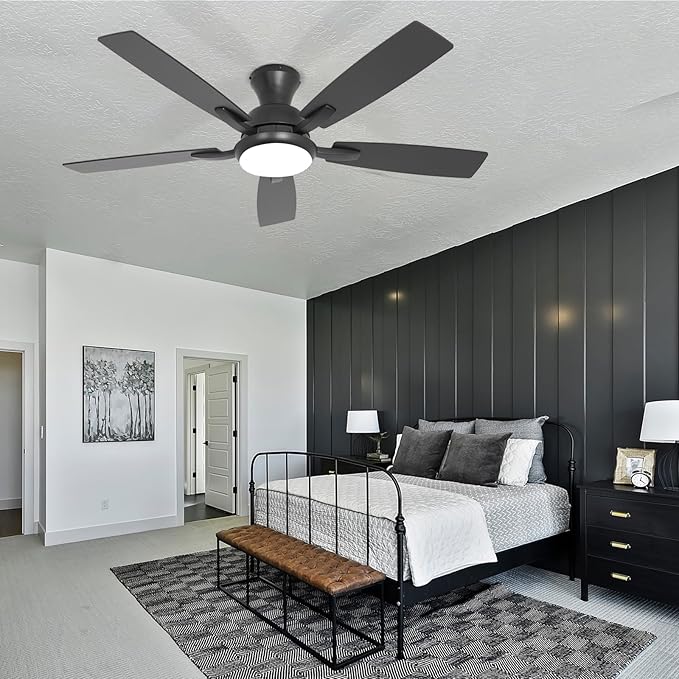 revoici Ceiling Fans with Lights, 52 Inch Black and Brown Wood Ceiling Fan, 6 Speed and Reversible DC Motor, Modern 5 Blade Low Profile Flush Mount Ceiling Fan for Living Room, Outdoor Patio