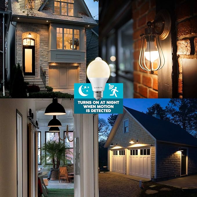 LUXRITE A19 LED Motion Sensor Light Bulbs, 60W Equivalent, Motion Activated Dusk to Dawn Sensor, 3000K Soft White, 800 Lumens, Security Light Bulb, Indoor/Outdoor, UL Listed, E26 Base (2 Pack)