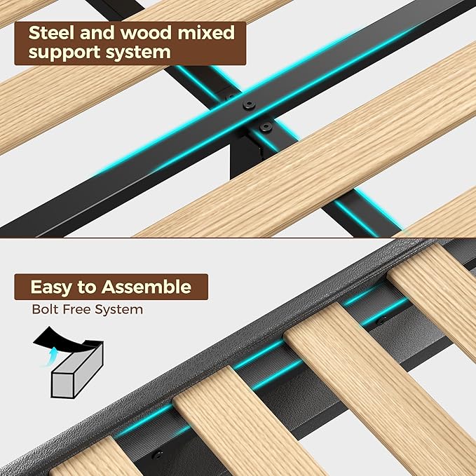 Rolanstar Full Size Bed Frame, Storage Headboard with Charging Station and LED Lights, Upholstered Bed with Heavy Duty Wood Slats, No Box Spring Needed, Noise Free, Easy Assembly, Black