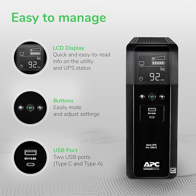 APC UPS Back-UPS Pro, 1000VA Sinewave UPS Battery Backup & Surge Protector, LCD, AVR, BR1000MS