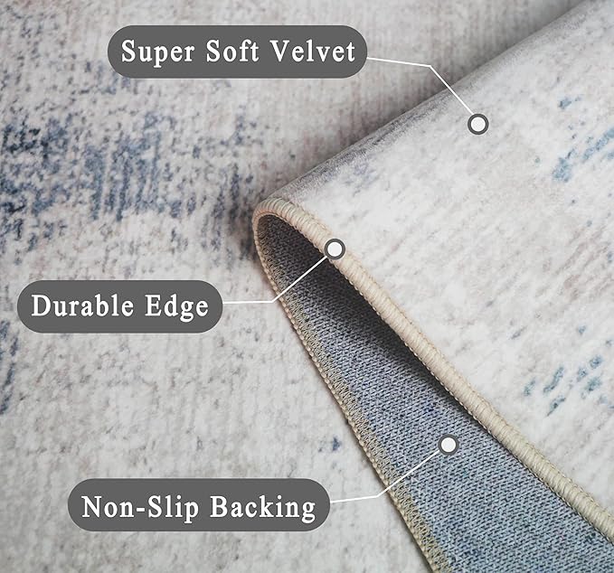 5x7 Area Rugs - Ultra-Thin Washable Rug with Non-Slip Backing, Ideal for Living Room, Bedroom, Kitchen Floor Carpet - Modern Abstract Style, Easy Clean, Durable, Low Pile Grey/Navy