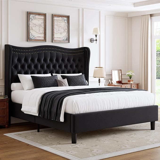 Upholstered King Size Bed Frame with Tall Headboard, Velvet Wingback Platform Bed Frame with Deep Button Tufted, No Box Spring Needed, Noise Free, Black