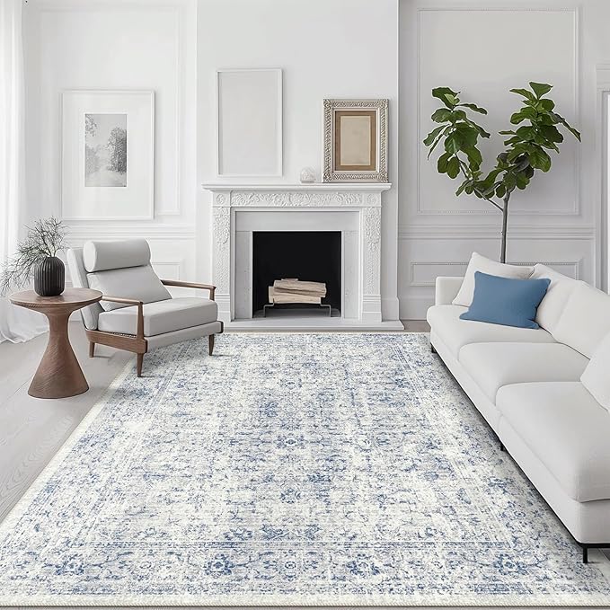 8x10 Area Rugs for Living Room, Non-Slip Backing Washable Rug 8x10, Blue Large Area Rug Soft Carpet for Bedroom Dining Room, Vintage Floral, Easy Clean, Durable, Low Pile Rug Under Table