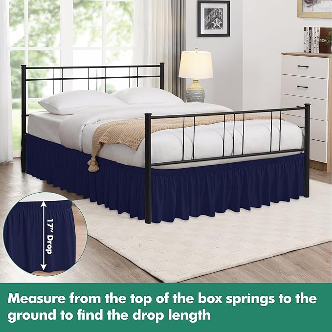 Biscaynebay Wrap Around Bed Skirts with Split Corners for Full Beds 17" Drop, Navy Elastic Dust Ruffles Easy Fit Wrinkle & Fade Resistant Silky Luxurious Fabric Solid Machine Washable