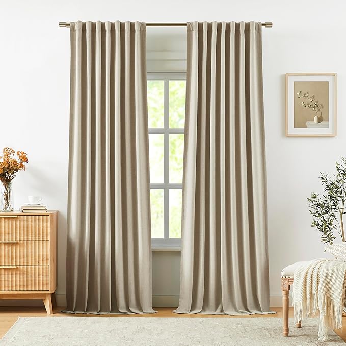 Vision Home Sand Linen Full Blackout Curtains 84 inch Length for Bedroom Living Room Darkening Soundproof Window Panels Thermal Insulated Rod Pocket Back Tab Farmhouse Drapes 56" Wx84 Lx2