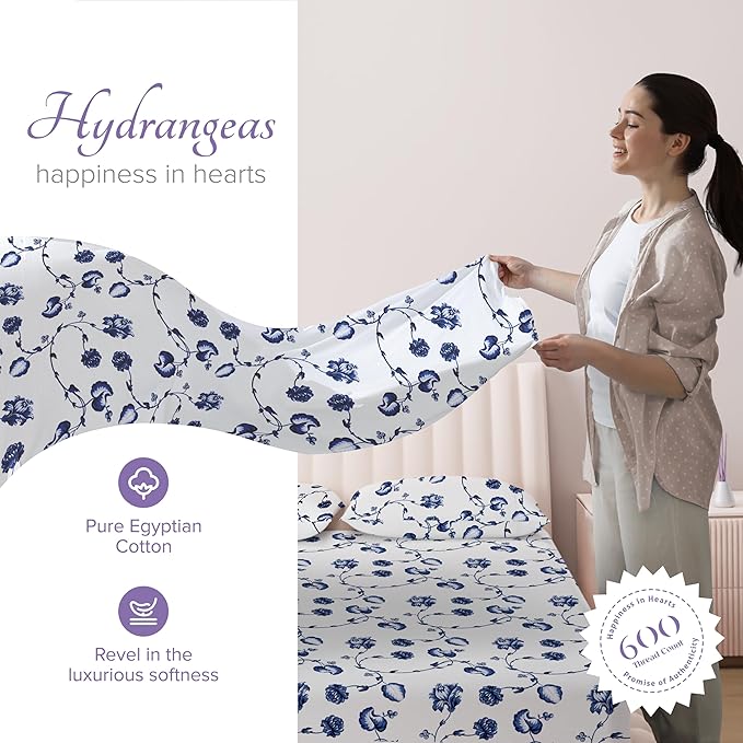 Carressa Linen 100% Egyptian Cotton Printed Bed Sheets - 600 Thread Count 4 PC Full Sheet Set, Hotel Luxury Sateen Bedsheets, 16" Deep Pocket Soft Cooling Sheets for Full Size Bed - Floral Blue