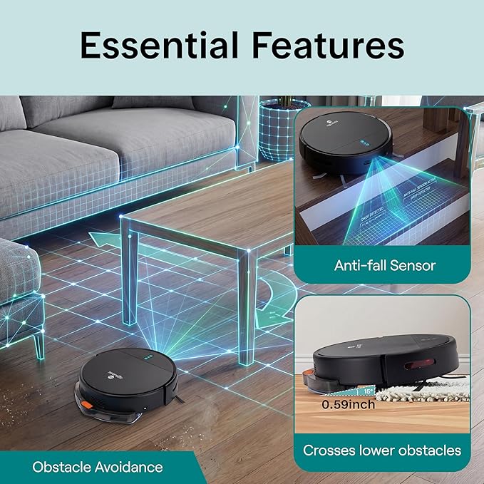 SereneLife Automatic Robot Vacuum Cleaner and Mop Combo, App Control, 3 Cleaning Modes, Smart Anti-Fall Sensors, Self-Charging, High Suction Ideal for Pet Hair, Carpet and Hard Floors, Black