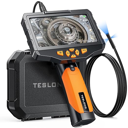Triple Lens Borescope Inspection Camera, Teslong Professional Endoscope with Light, Digital Video Scope Camera, 5" IPS Screen, Waterproof Flexible Cable for Automotive/Home/Wall/Pipe/Car (5FT)