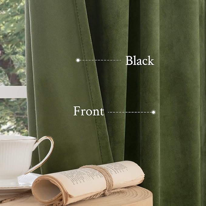 LAMIT Velvet Curtains 102 Inches Long for Living Room, Sage Green Thermal Insulated Soundproof Panels Room Darkeing Back Tab and Rod Pocket Drapes for Bedroom/French Country, 2 Panels, 52 x 102 Inch
