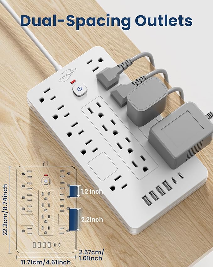 JouleLoom Surge Protector Power Strip-14 Outlets and 6 USB Ports, 10 Feet Flat Plug Extension Cord, 1850 Joules, White, ETL Listed for Home, Office, Dorm Room