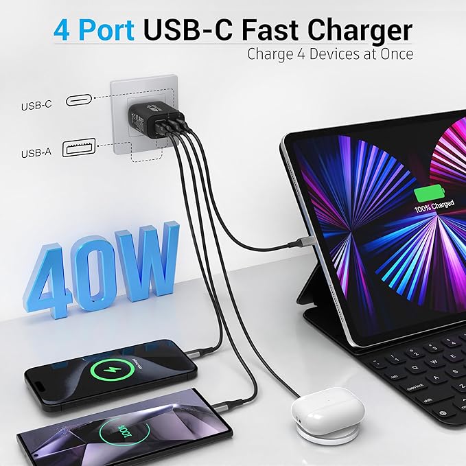 TT&C USB C Block 40W, 4 Ports Wall Plug Fast Charging Block, PD+QC Multiport Power Adapter USB C Charger Type C for iPhone 17, 17 Air, 17 Pro, 17 Pro Max, 16,15,14,13,12, Galaxy Phones-(Black 2Pack)