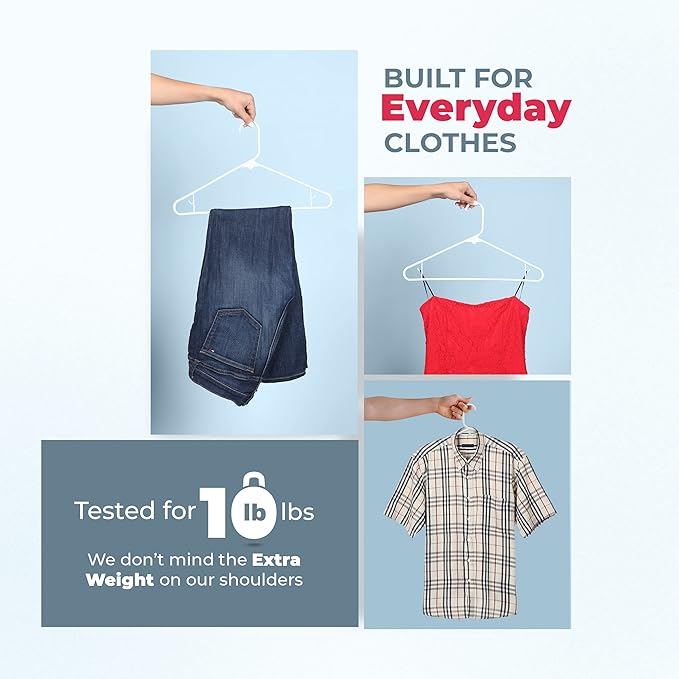 Neaties Plastic Hangers 100 Pack – Made in The USA – 6lb Capacity Standard Clothes Hangers with Strap Hooks for Dresses, Lingerie, Shirts, Pants, and Jackets – White & Black