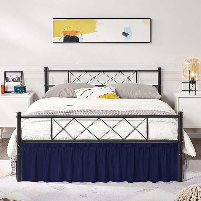 Biscaynebay Wrap Around Bed Skirts with Split Corners for King Beds 18" Drop, Navy Adjustable Elastic Dust Ruffles Easy Fit Wrinkle Resistant Silky Luxurious Fabric Machine Washable