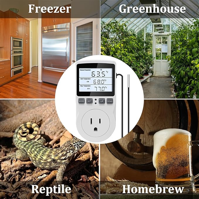 KETOTEK Digital Temperature Controller Thermostat Outlet Plug 120V with LCD Backlight, Heating Cooling Temperature Controlled Outlet 110V 15A with 3m Sensor