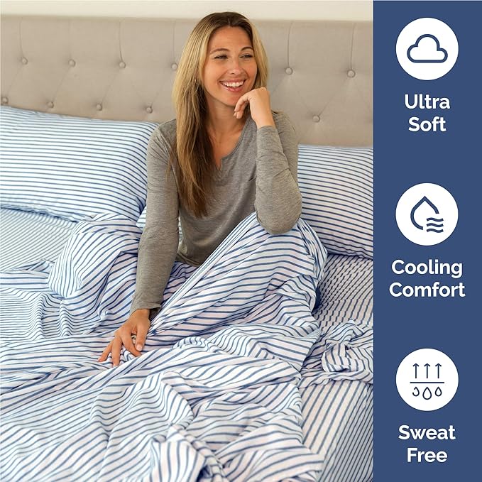 Twin XL 4 Piece Sheet Set - Cooling, Comfy & Breathable - Hotel Luxury Bedding Includes Fitted Sheet for Women, Men, Kids & Teens - 1 Flat, 1 Fitted Sheet, 2 Pillowcases w/Deep Pockets - Blue Stripes