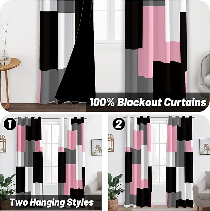Pink 100% Blackout Curtains for Bedroom 84 inch Length 2 Panels Set White Grey Modern Abstract Geometric Black Out Curtains Insulated Room Darkening Window Drapes for Girls Living Room, 52Wx84L