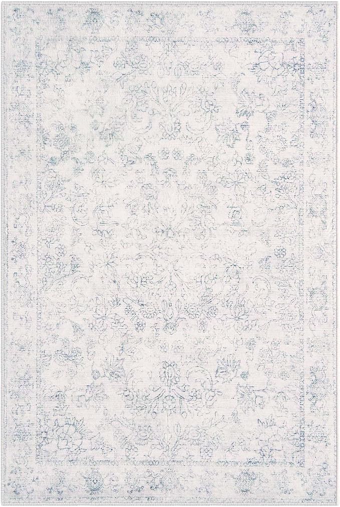 jinchan 4x6 Ivory Area Rugs for Living Room – Machine Washable Vintage Floral Soft Stain Resistant Low Pile Rug, Non Slip Ultra-Thin Carpet for Bedroom Dining Room Home Office Nursery (4'x6', Ivory)