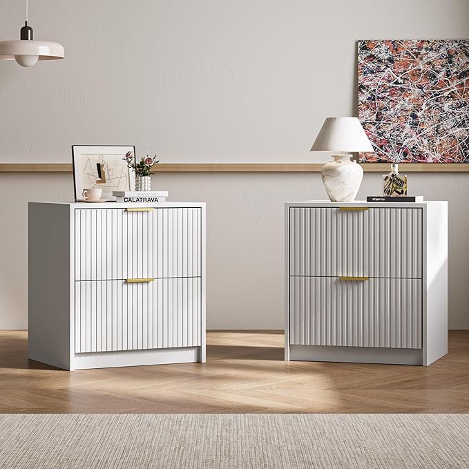 3-Piece Dresser Bedroom Set, 7 Drawer Dresser & 2 Drawer Nightstands with Gold Handles, Fluted Wood Chest of Drawers for Bedroom, Living Room, Entryway, White