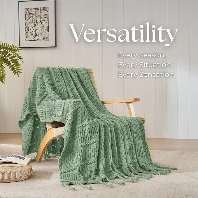 Boho Knitted Chenille Blanket with Tassels - Lightweight & Soft All-Season Throw - 3D Classic Pattern for Living Room Bedroom Couch, Sage Green, Throw 50"x60"