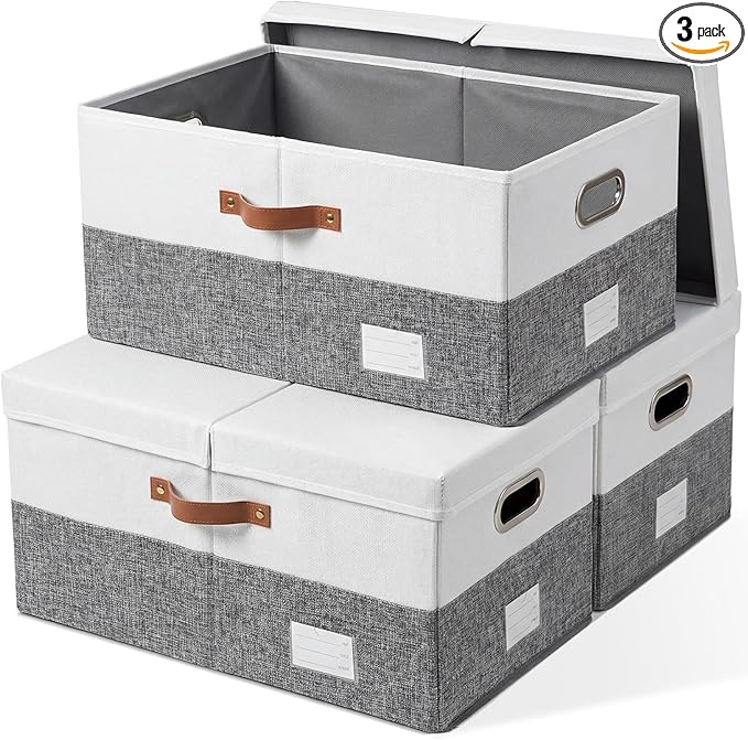 PRANDOM Storage Bins with Lids [3-Pack] Linen Fabric Foldable Storage Boxes Organizer Containers Baskets Cube with Cover Grey&White (23.4X15.9X11.4)