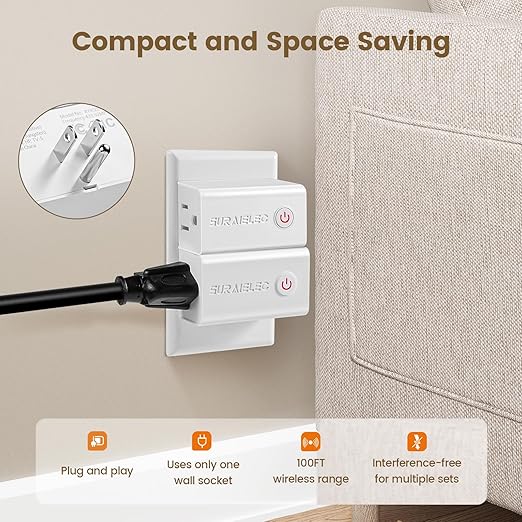 SURAIELEC Remote Control Outlet, Wireless Remote Light Switch, 100 FT, 15A/1875W, No Interference, Expandable Indoor Compact Side Outlet Plug for Lamps, Fans, Christmas Trees, Small Appliances