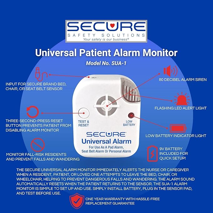Secure Safety Solutions Wheelchair Seatbelt Chair Alarm for Elderly Dementia Patients - Non Restraint Seat Belt Strap Sensor and Alarm - Fall Prevention Caregiver Alert Device for Monitoring Seniors