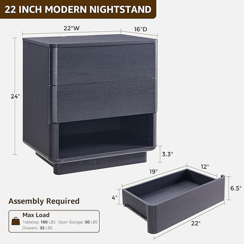 ACCOHOHO Nightstand with Charging Station, 22" Push-to-Open Bedside Table with 2 Storage Drawers, Large Modern End Table for Bedroom,Black