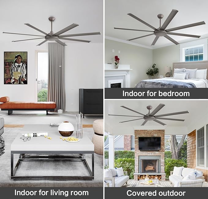 WINGBO 80 Inch Industrial Ceiling Fan without Light, 8 Aluminum Blades Ceiling Fan No Light, 6-Speed Reversible Noiseless DC Motor for Kitchen Bedroom Living Room, Charcoal Gray